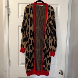 Leopard Print Long Cardigan Sweater with Red Accents